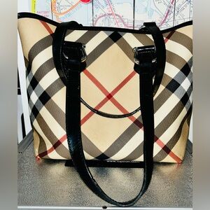 Vintage Authentic Burberry Saffiano Nova Checkered Tote Bag - Black and Tan